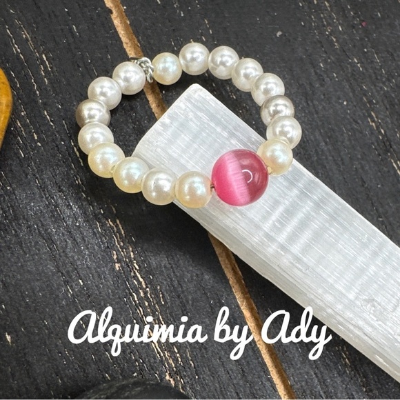 Gemstone and pearl beaded dainty handmade ring band boho - Picture 1 of 4